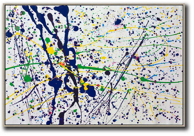 Large Colorful Wall Art,Oversized Horizontal Contemporary Art,Oversized Custom Canvas Art,White,Dark Blue,Yellow,Green.Etc